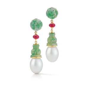 Canton Drop Earrings in Jade, Ruby & Pearl