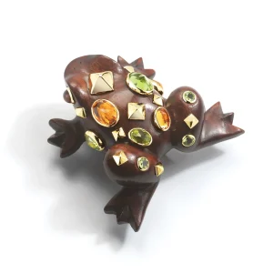 Frog Brooch in Wood, Citrine & Peridot
