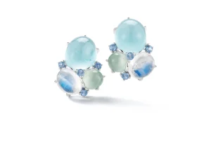 Three Cab Earrings in Blues & White Gold