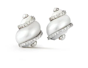 Turbo Shell Earrings in Pearl & Diamond Bands
