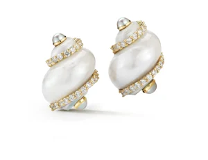 Turbo Shell Earrings in Pearl & Diamond Bands