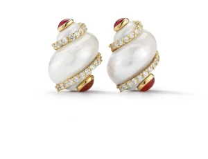 Turbo Shell Earrings in Ruby & Diamond Bands